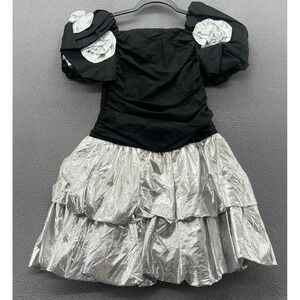 VTG CW Designs Party Dress Medium Black Silver Metallic Bubble Skirt 80s